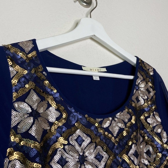 Miami Navy Gold Sequin Button Back Blouse Sz M - Picture 2 of 10